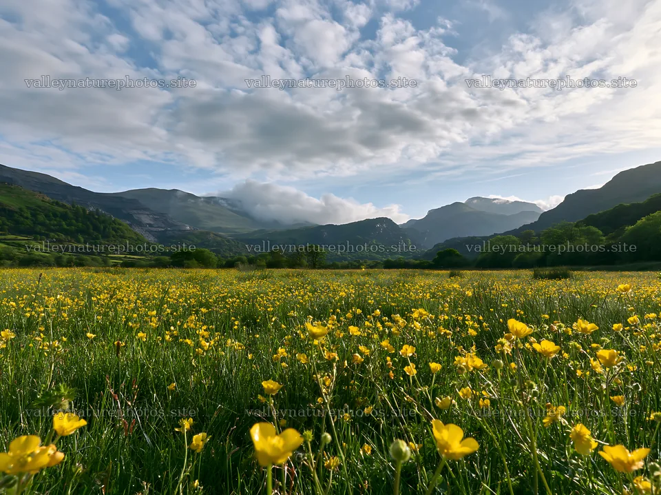 Colorful buttercup meadow filled with flowers and mountains – nature photography 9174x6866