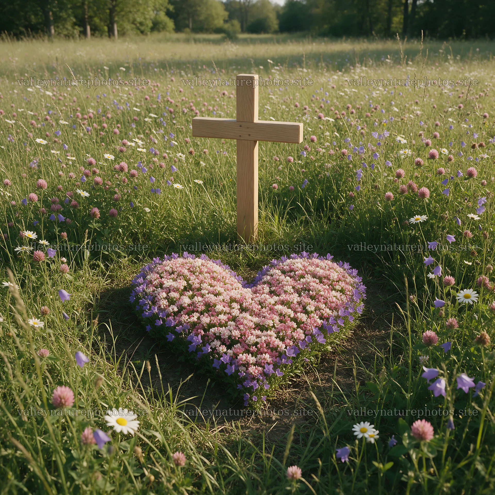 Rustic cross surrounded by flowers in spring meadow – nature photography 7938x7938