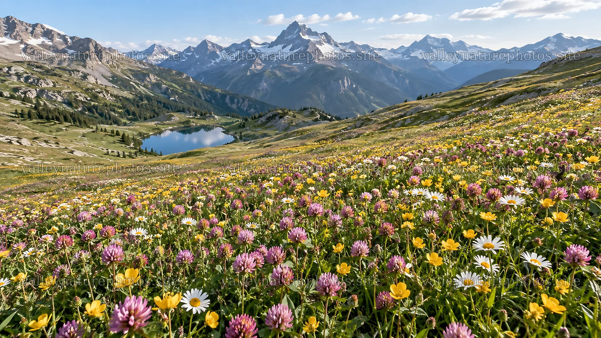 Wildflower Meadow Below Snowy Mountain Peaks – nature photography 10324x5812