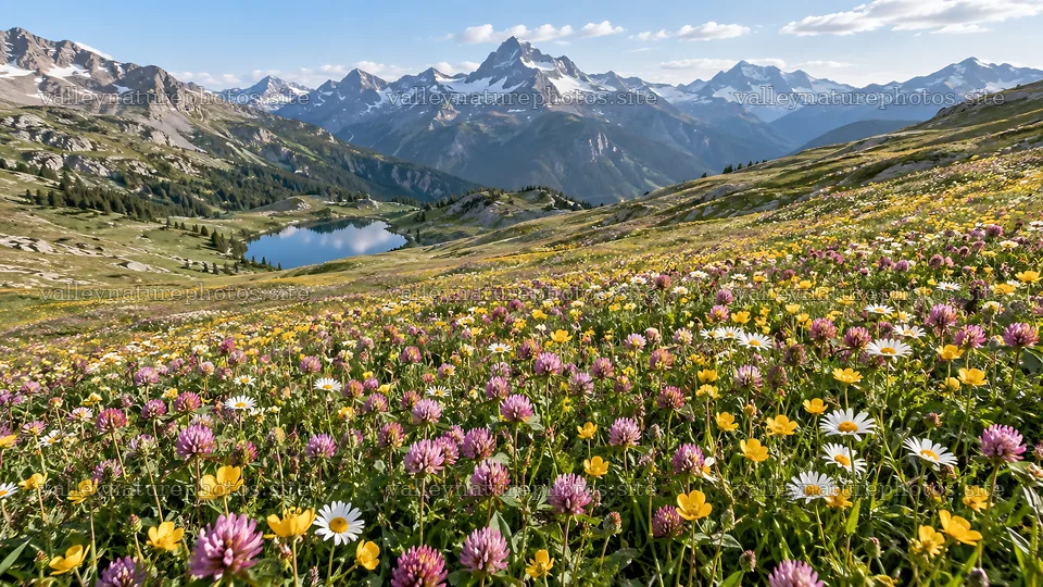 Wildflower Meadow Below Snowy Mountain Peaks – nature photography 10324x5812