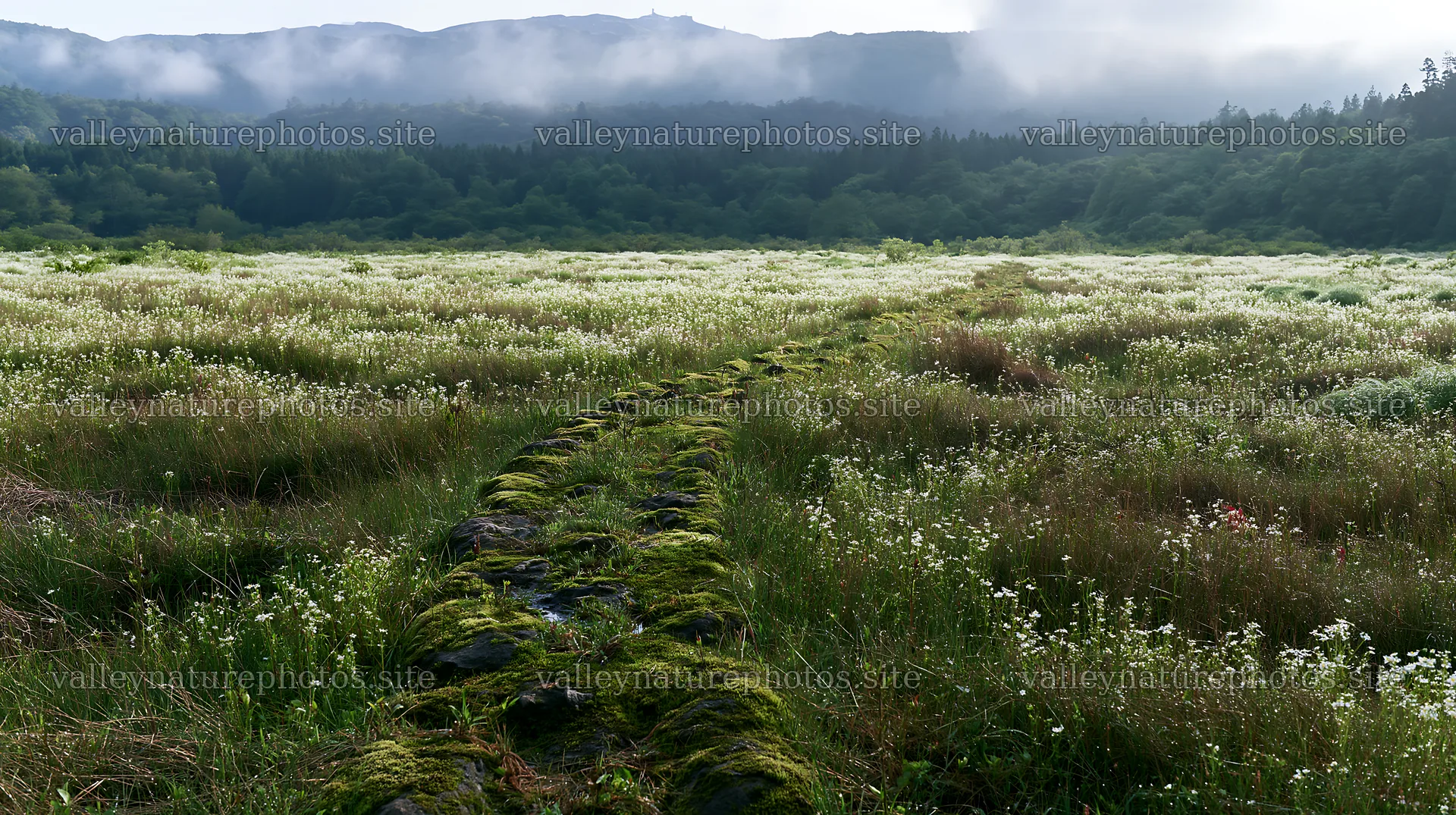 Miyagi spring recovery meadow mossy stone path through flowers – nature photography 10608x5938