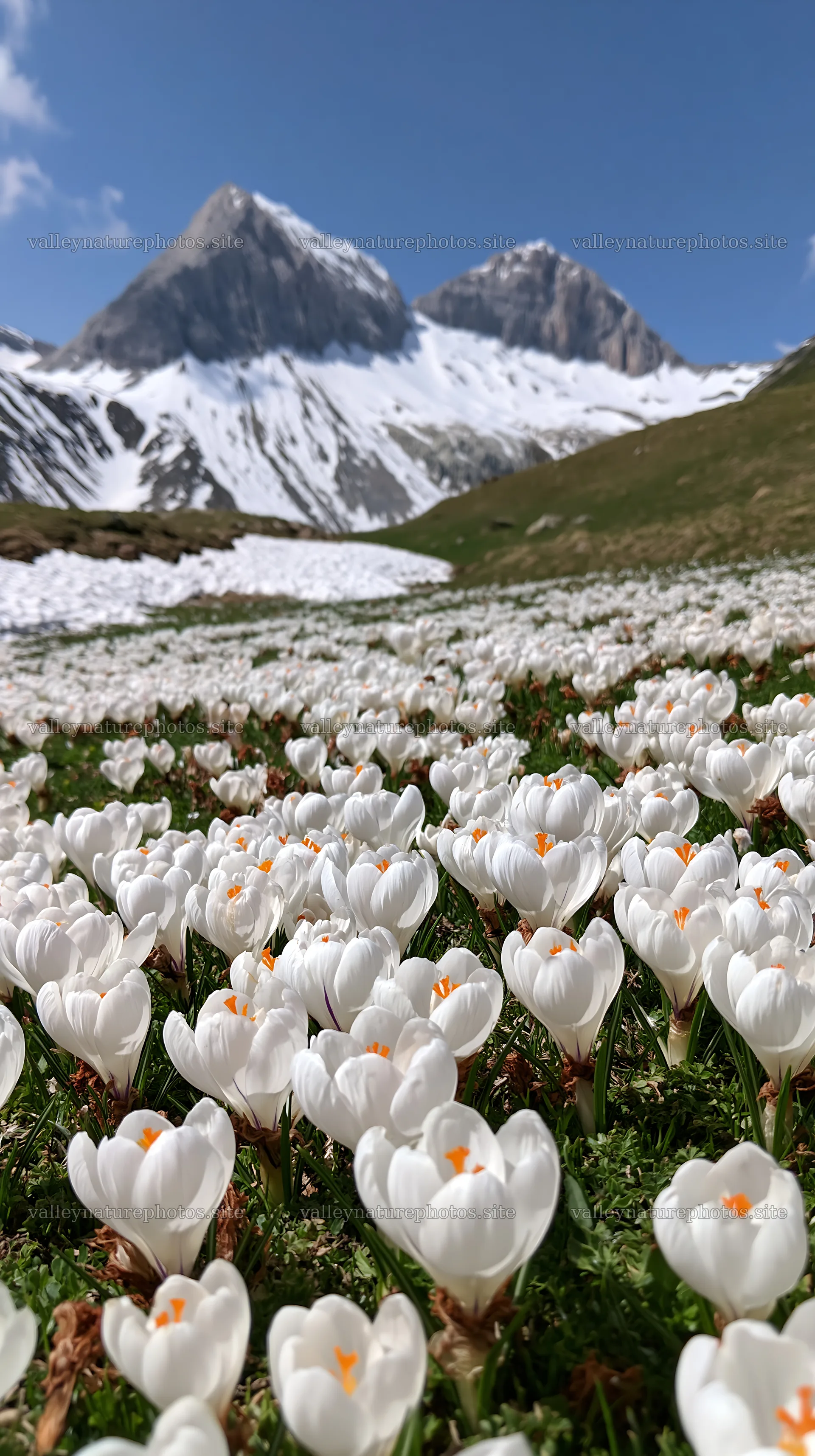 Meadow whiteout with white flowers and snow-capped mountains – nature photography 5938x10608