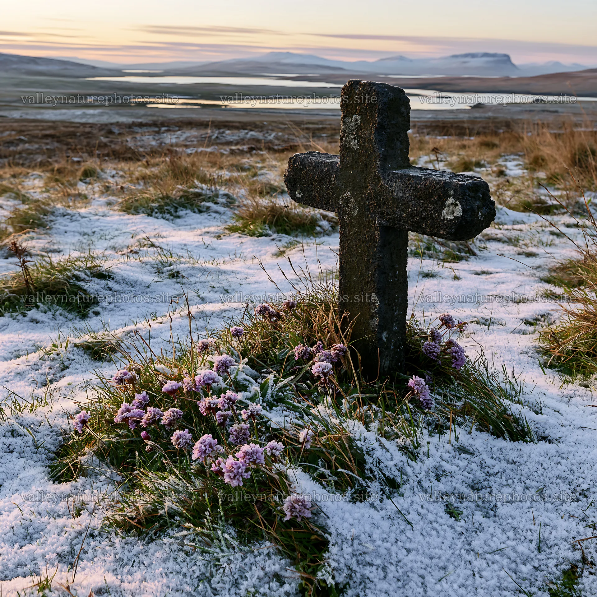 Stone Christian cross in snowy meadow near water at sunset – nature photography 7938x7938