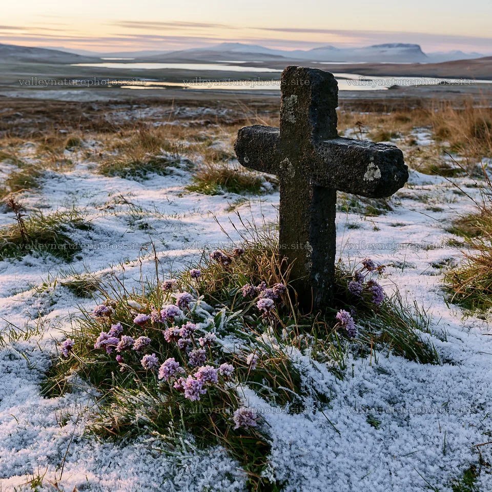 Stone Christian cross in snowy meadow near water at sunset – nature photography 7938x7938