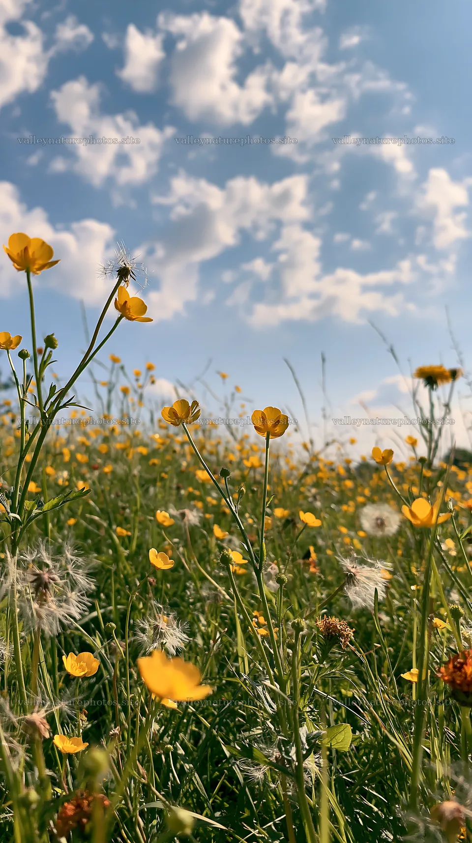 Meadow with wildflowers in the German foothills under a blue sky – nature photography 5938x10608