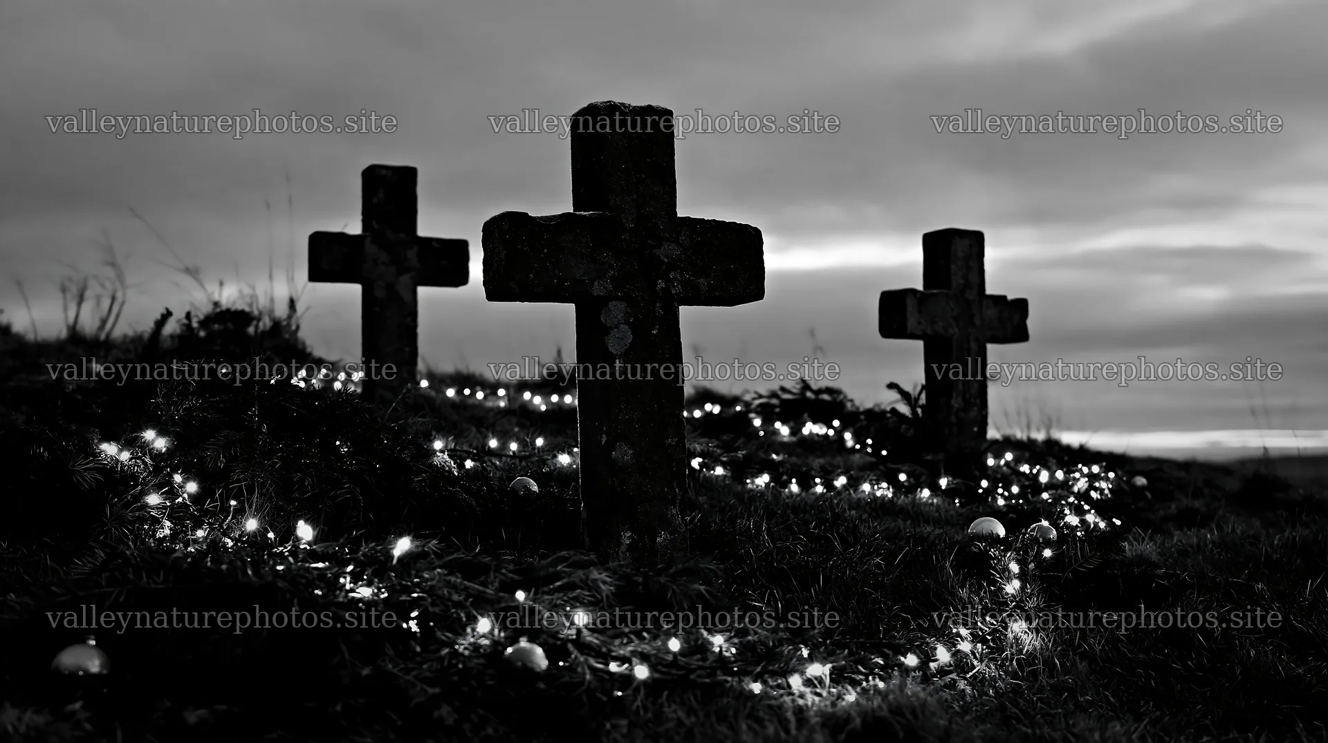 Three weathered crosses in a meadow during Christmas season – nature photography 10608x5938