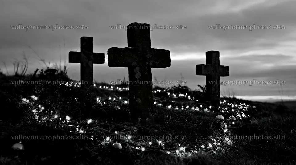 Three weathered crosses in a meadow during Christmas season – nature photography 10608x5938