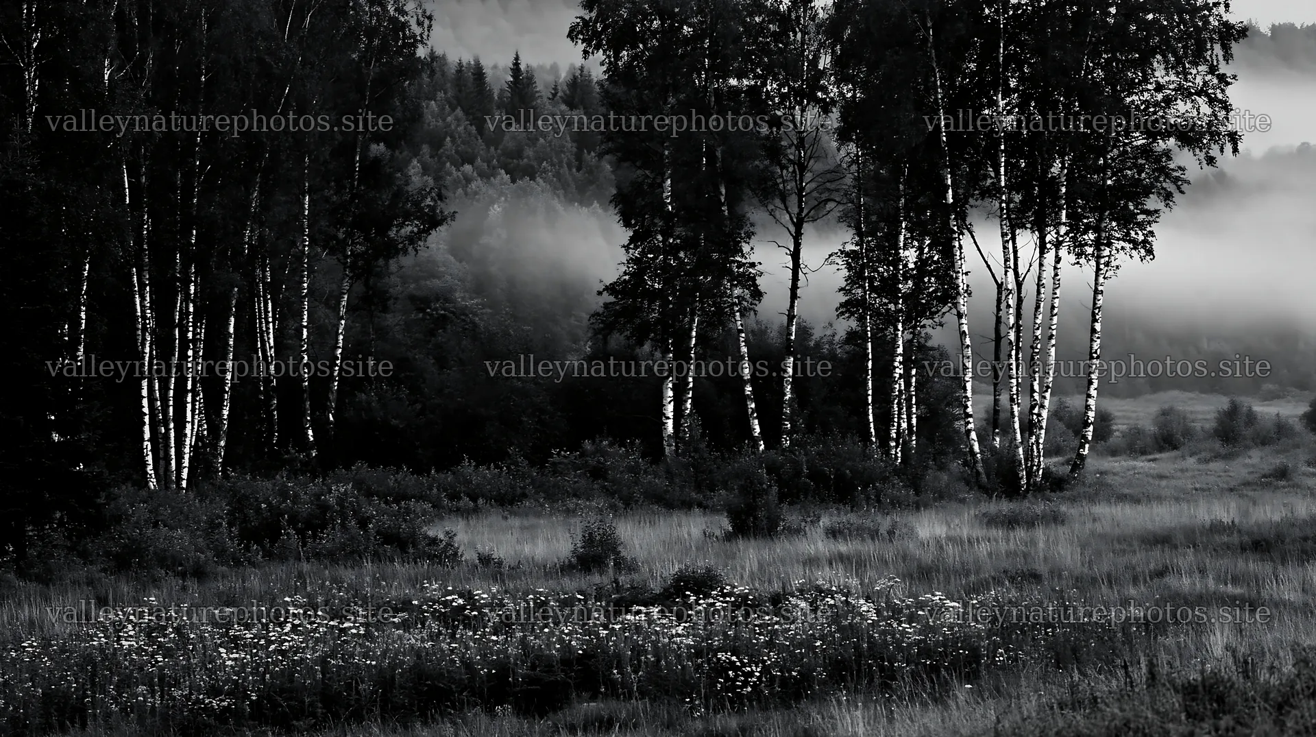 Birch trees in a foggy meadow with wildflowers – nature photography 10608x5938