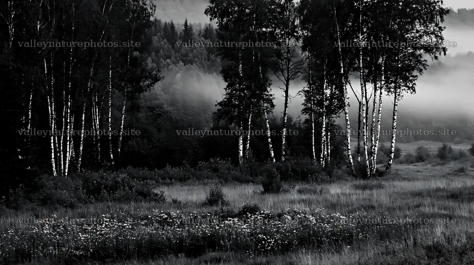 Birch trees in a foggy meadow with wildflowers – nature photography 10608x5938