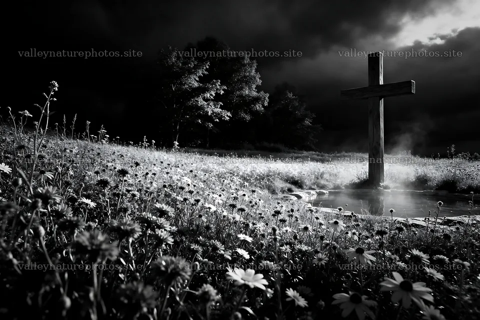 Wooden Christian cross in hot spring meadow under cloudy sky – nature photography 9722x6480