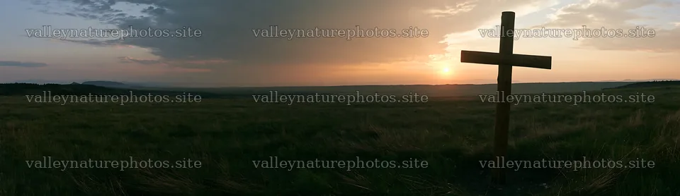 Christian cross in meadow during sunrise – nature photography 14762x4268
