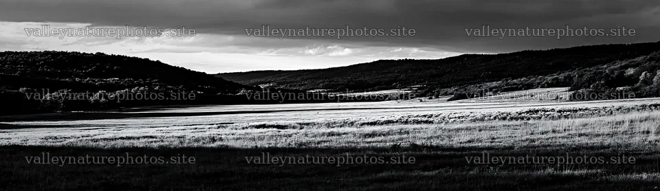Hungarian meadow and wooded valley under cloudy sky – nature photography 14762x4268