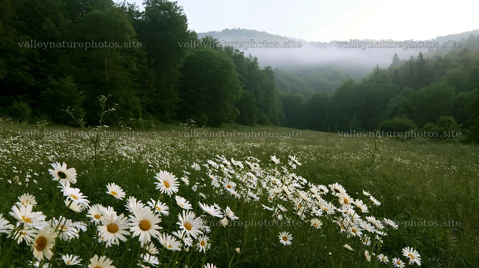 Forest edge meadow with wildflowers and misty mountains – nature photography 10608x5938