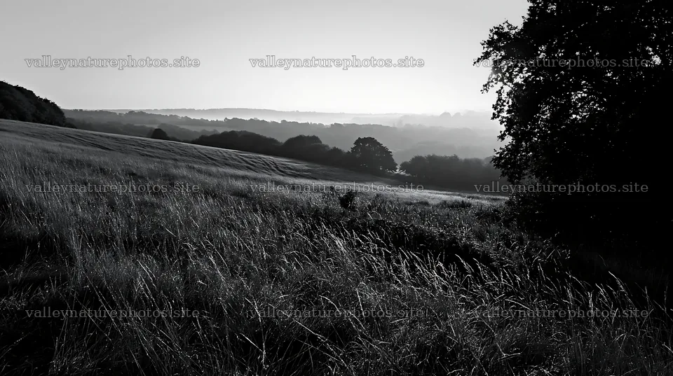 Morning dew on a meadow with a view of rolling hills – nature photography 10608x5938