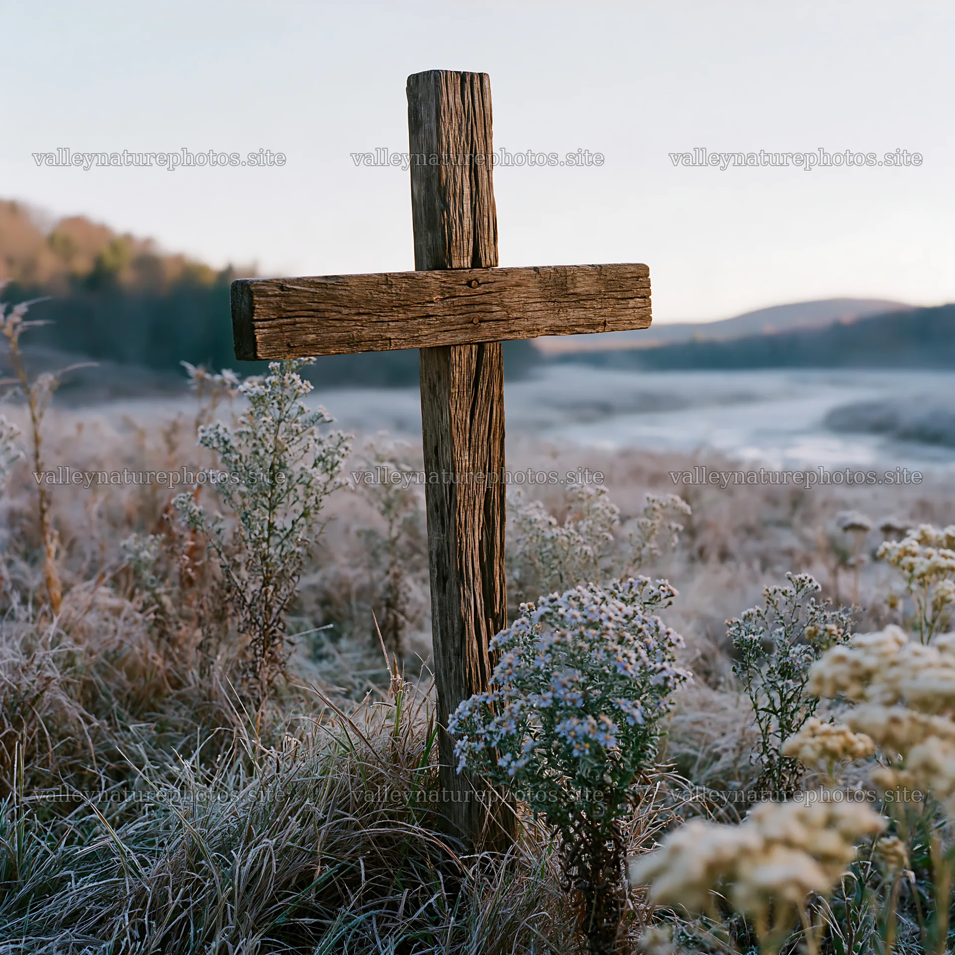 Christian cross on frost covered meadow with flowers – nature photography 7938x7938