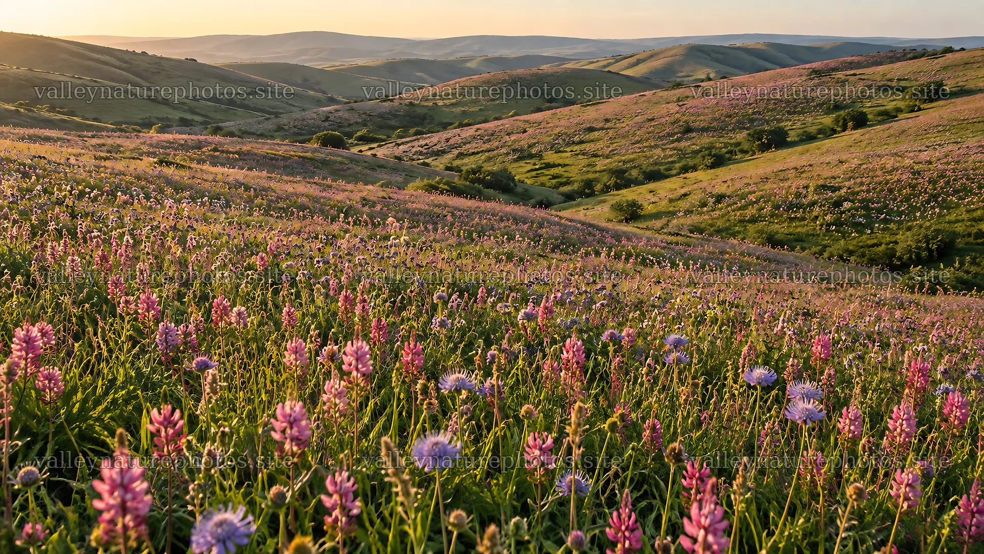 Wildflower Meadow Across Rolling Hills at Golden Hour – nature photography 10324x5812