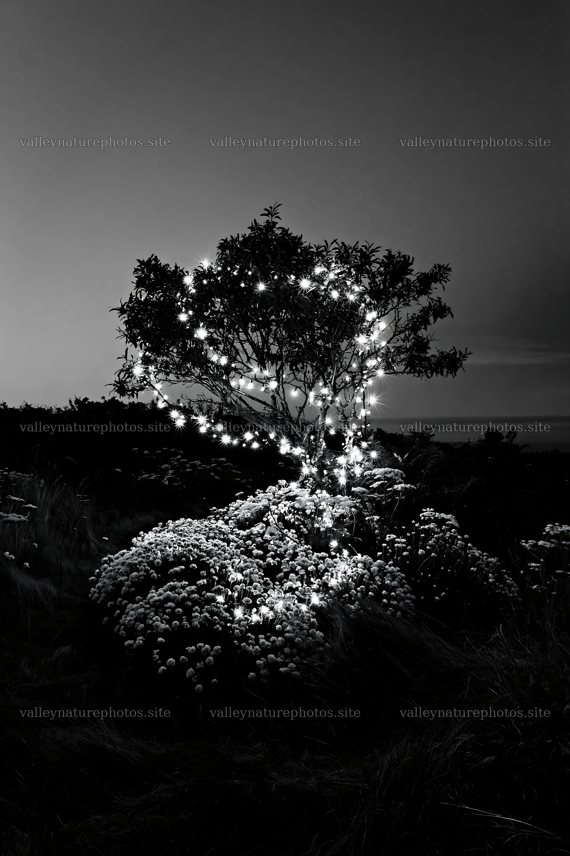 Vibrant Christmas lights glow at dusk in meadow – nature photography 6480x9722