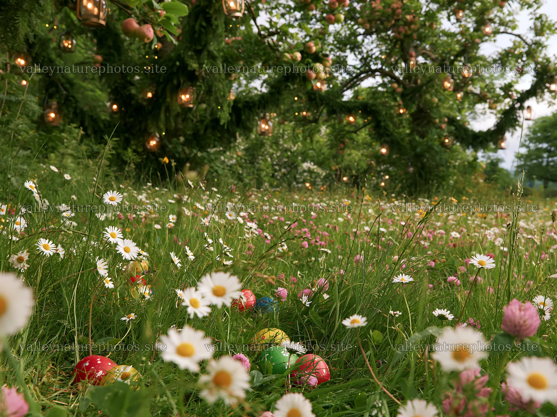 Apple tree meadow with lanterns and flowers in Lake District – nature photography 9174x6866