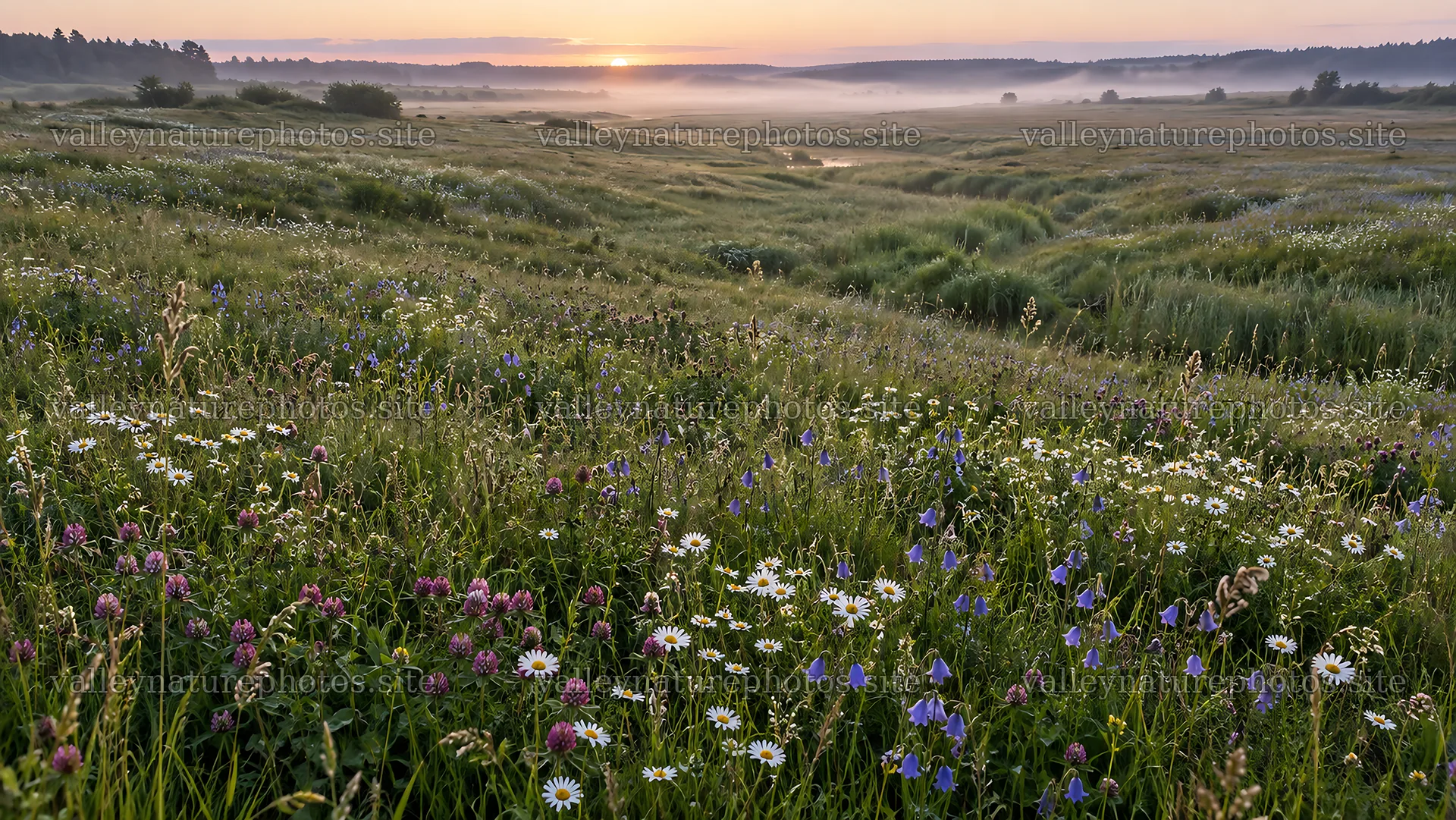Wildflower Meadow at Sunrise Beneath Morning Mist – nature photography 10324x5812