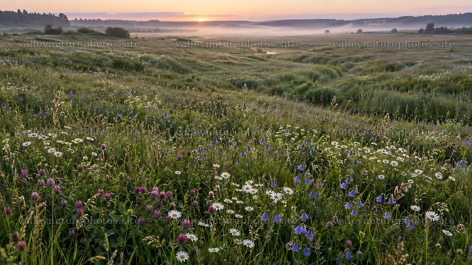 Wildflower Meadow at Sunrise Beneath Morning Mist – nature photography 10324x5812