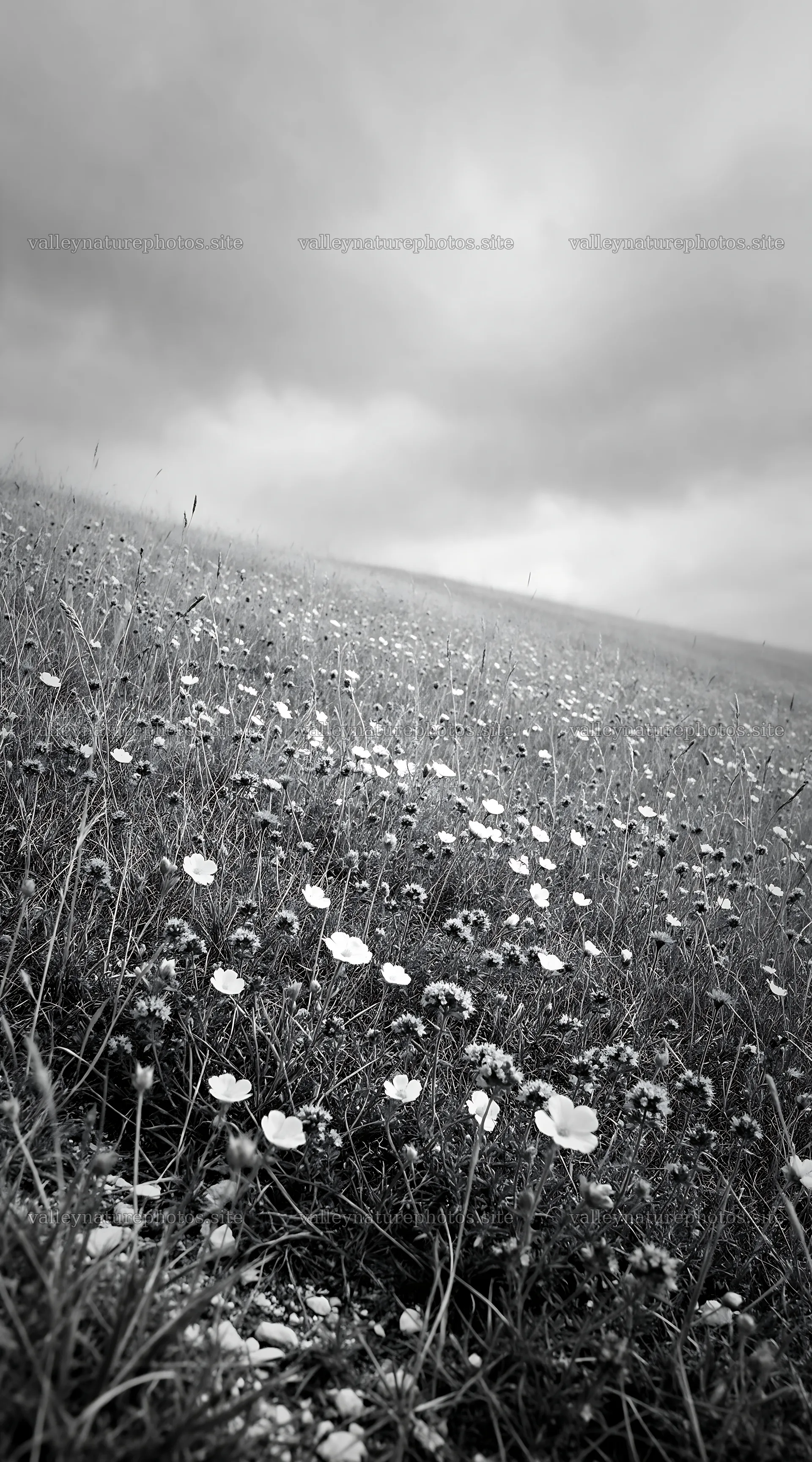 Cloudy dry flower meadow under overcast sky – nature photography 5916x10648