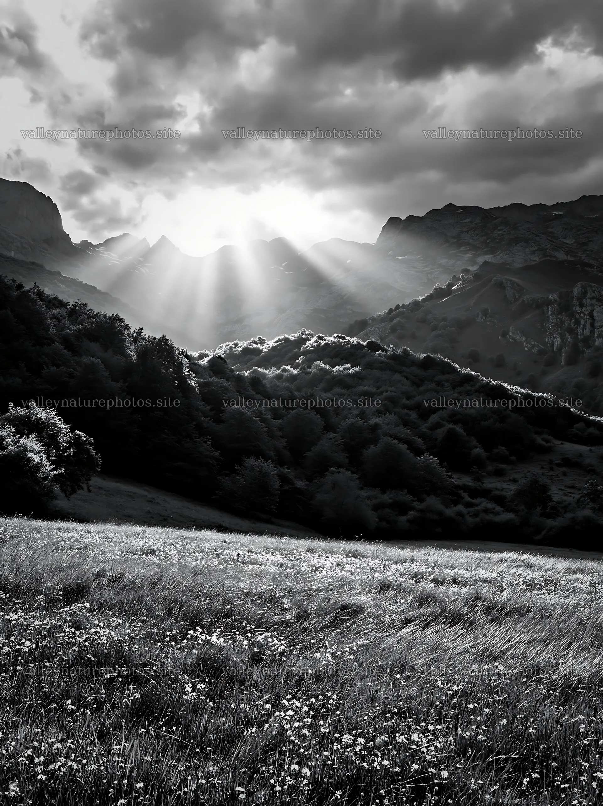 Sunrays shining over Picos de Europa meadow – nature photography 6866x9174