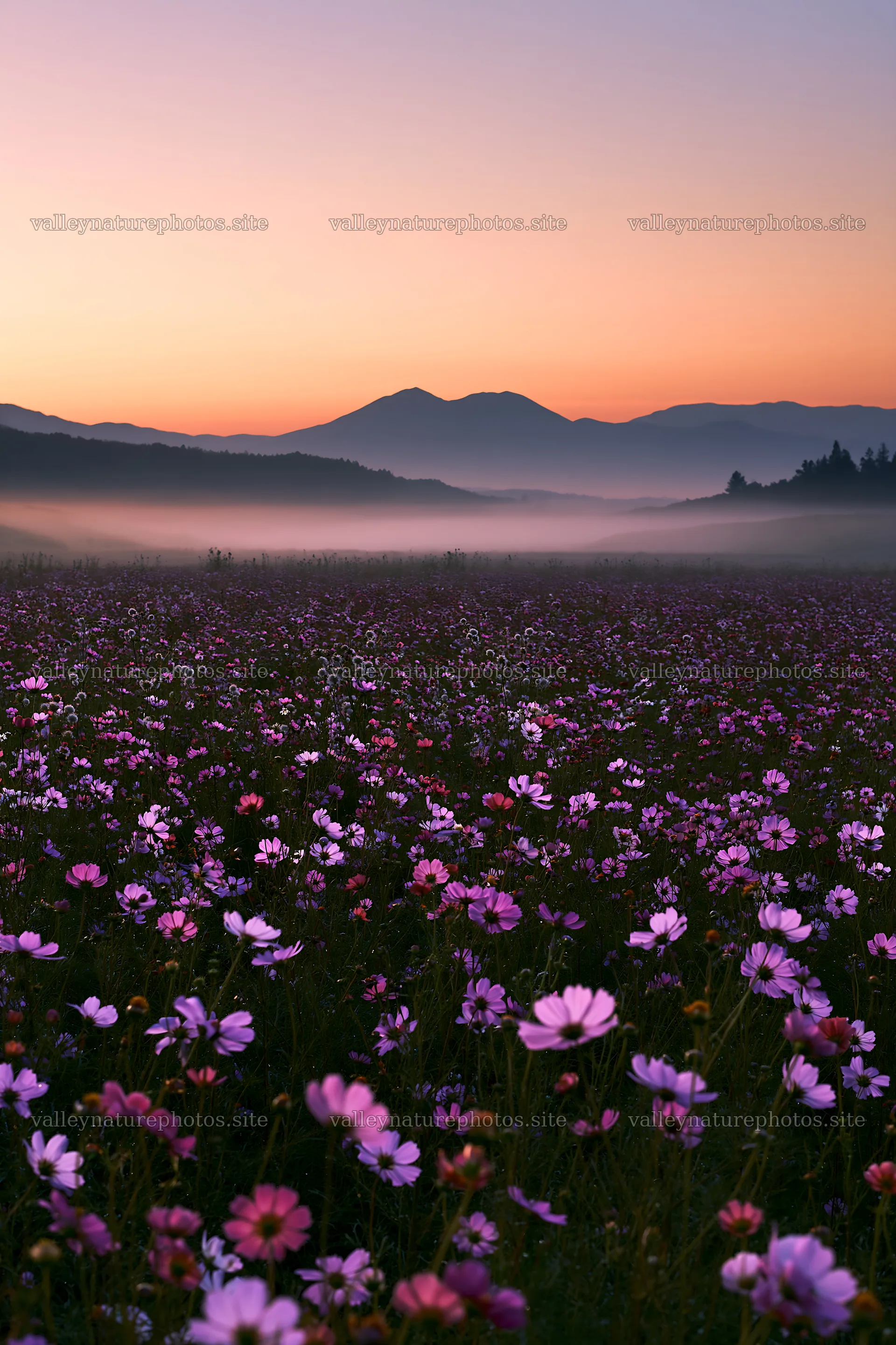 Colorful cosmos meadow with misty mountains at sunset – nature photography 6480x9722