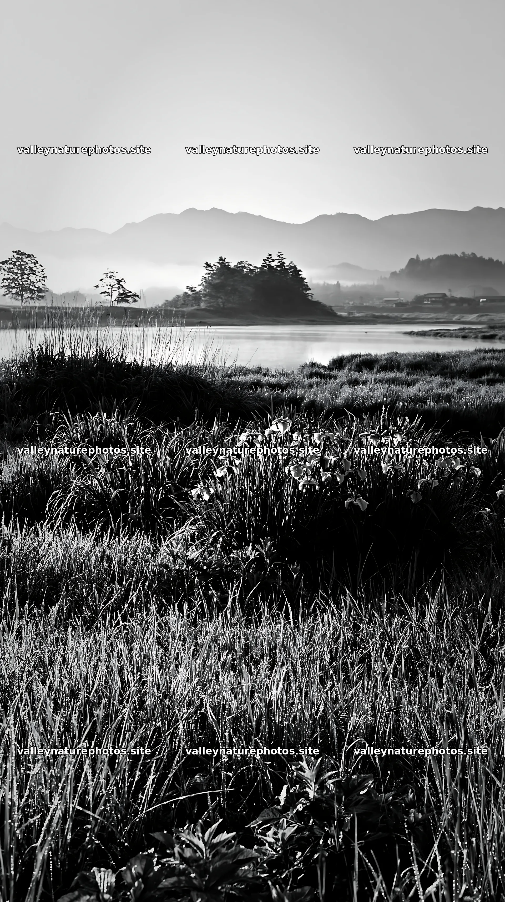 Niigata floodplain restoration meadow dew foreground – nature photography 5938x10608