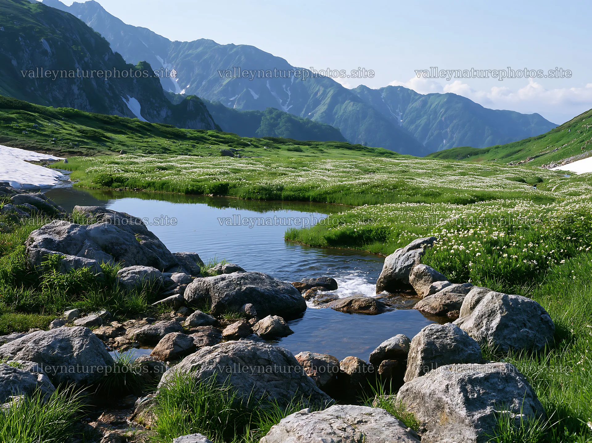 Toyama alpine meadow with snowmelt and rocks in foreground – nature photography 9174x6866