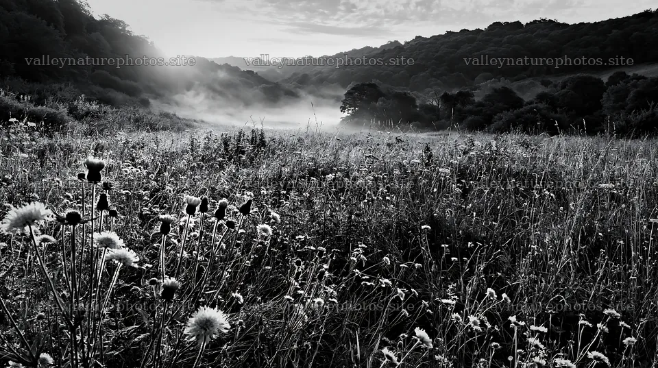 Meadow with knapweed at sunrise in a misty landscape – nature photography 10608x5938