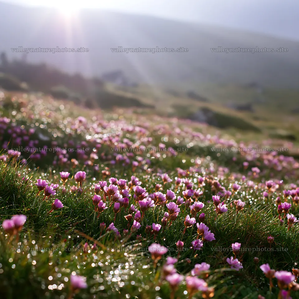 Light rays through meadow in Bucegi Mountains with flowers – nature photography 7938x7938