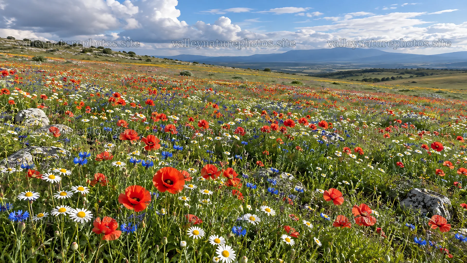 Wildflower Meadow Beneath a Cloudy Blue Sky – nature photography 10324x5812