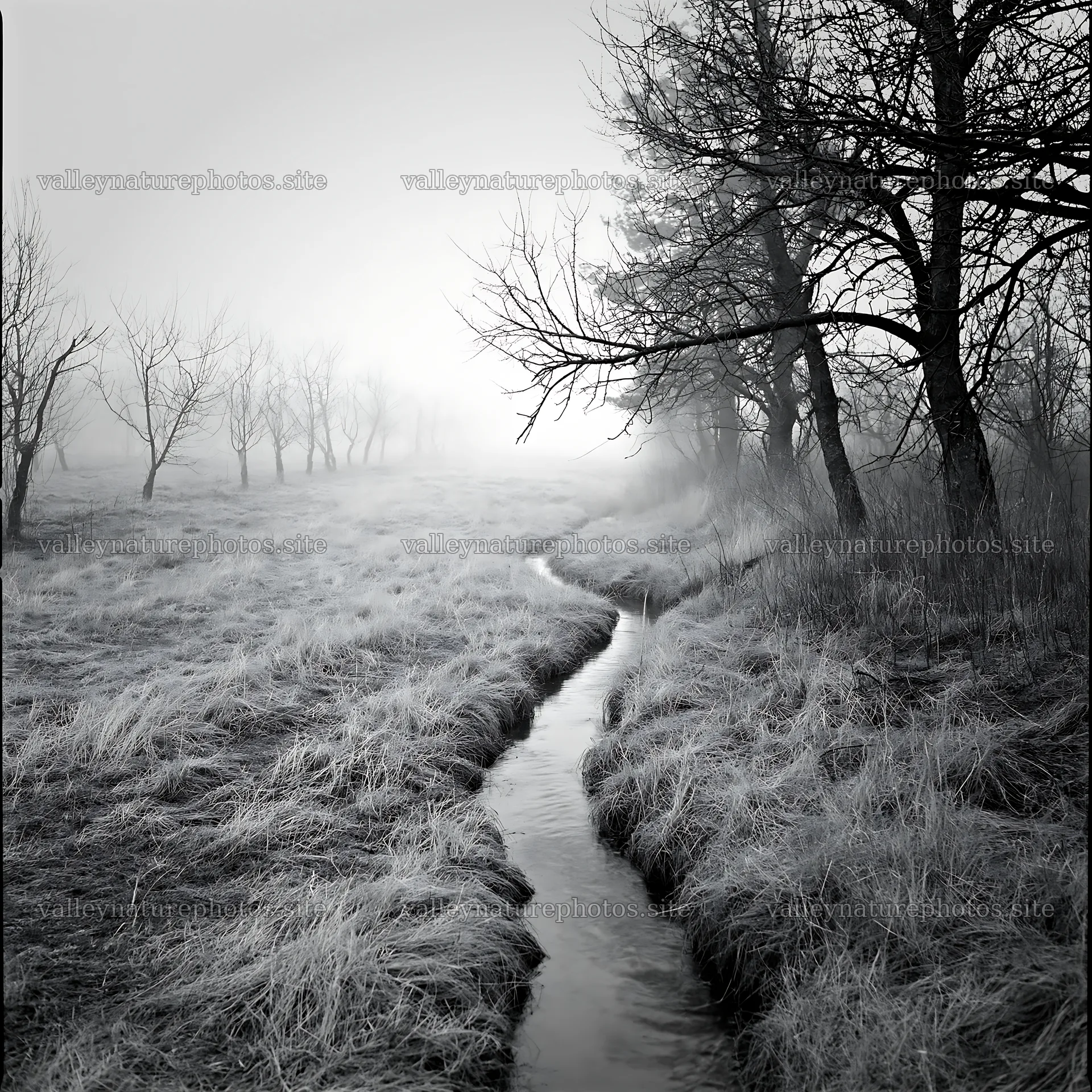 Foggy orchard meadow with stream in black and white – nature photography 7938x7938