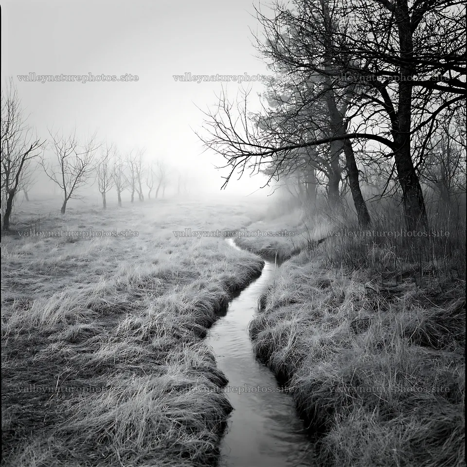 Foggy orchard meadow with stream in black and white – nature photography 7938x7938