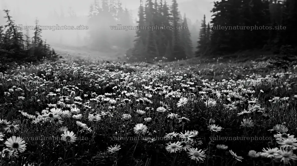 Misty forest meadow with flowers in a foggy landscape – nature photography 10608x5938
