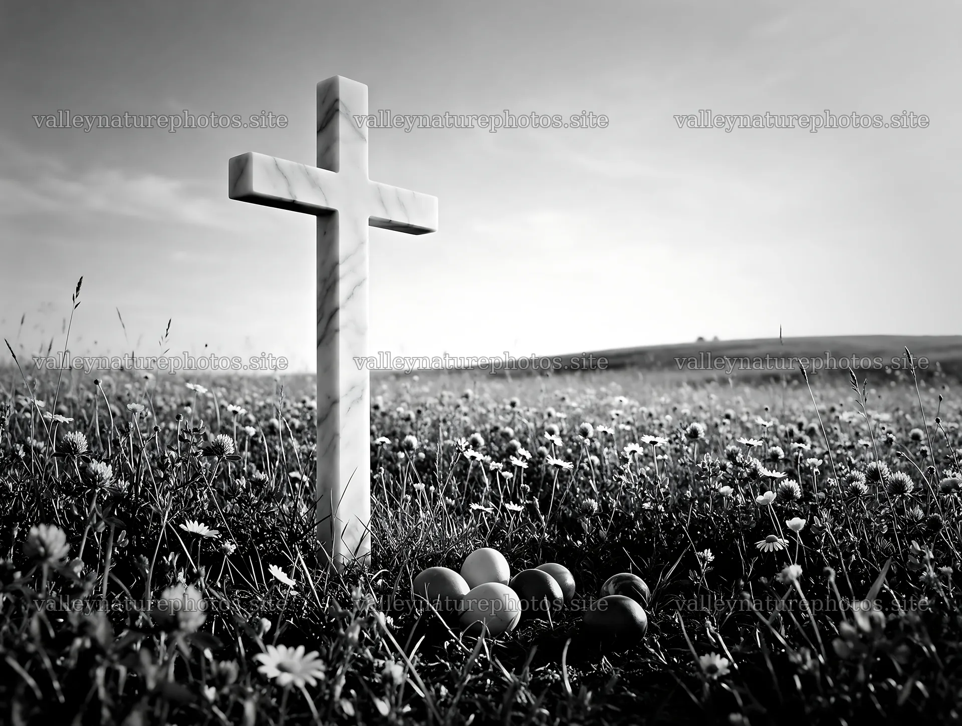 Marble Christian cross in meadow with colored eggs nearby – nature photography 9134x6898