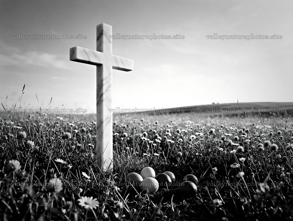 Marble Christian cross in meadow with colored eggs nearby – nature photography 9134x6898