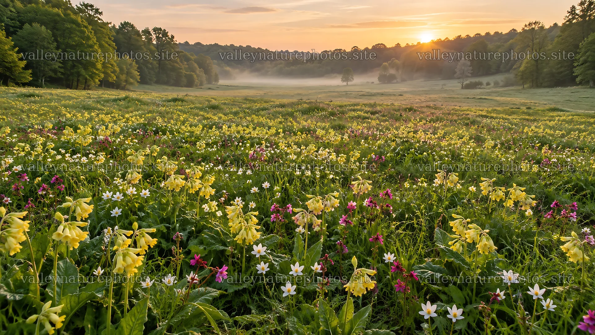 Wildflowers in a Forest Clearing at Sunrise – nature photography 10324x5812