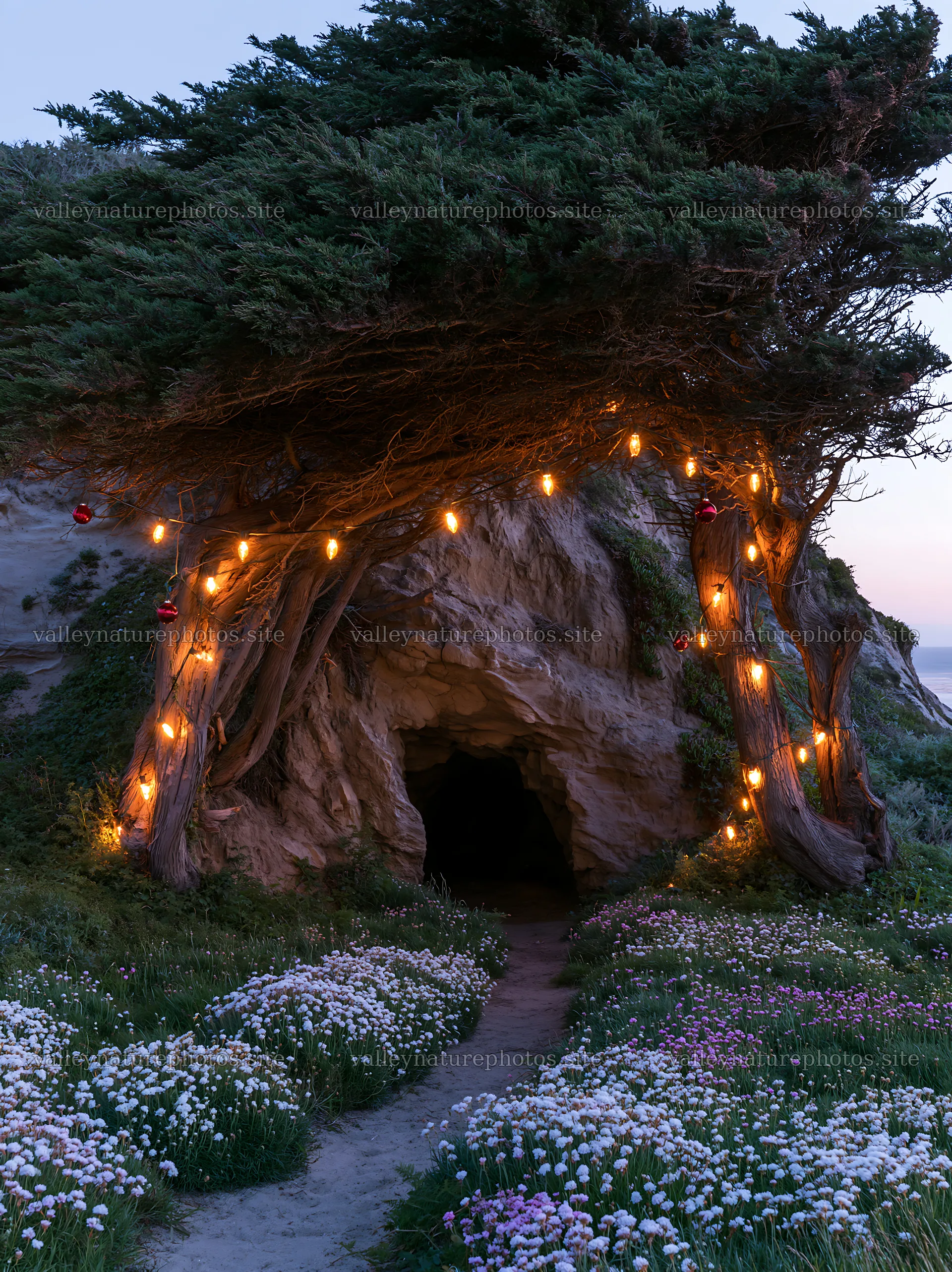 Christmas lights near cave in meadow at dusk – nature photography 6866x9174