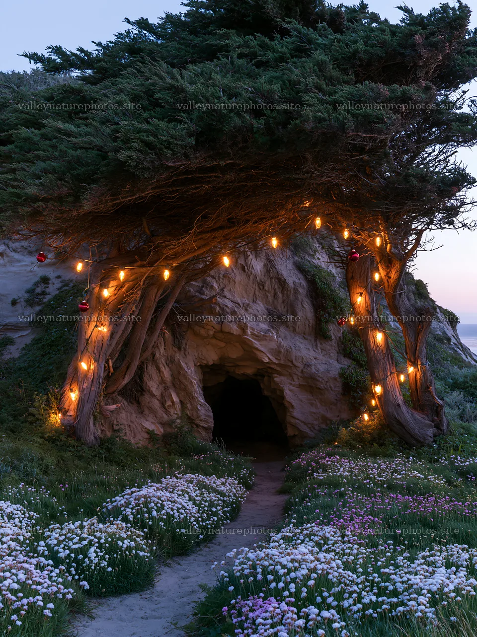 Christmas lights near cave in meadow at dusk – nature photography 6866x9174