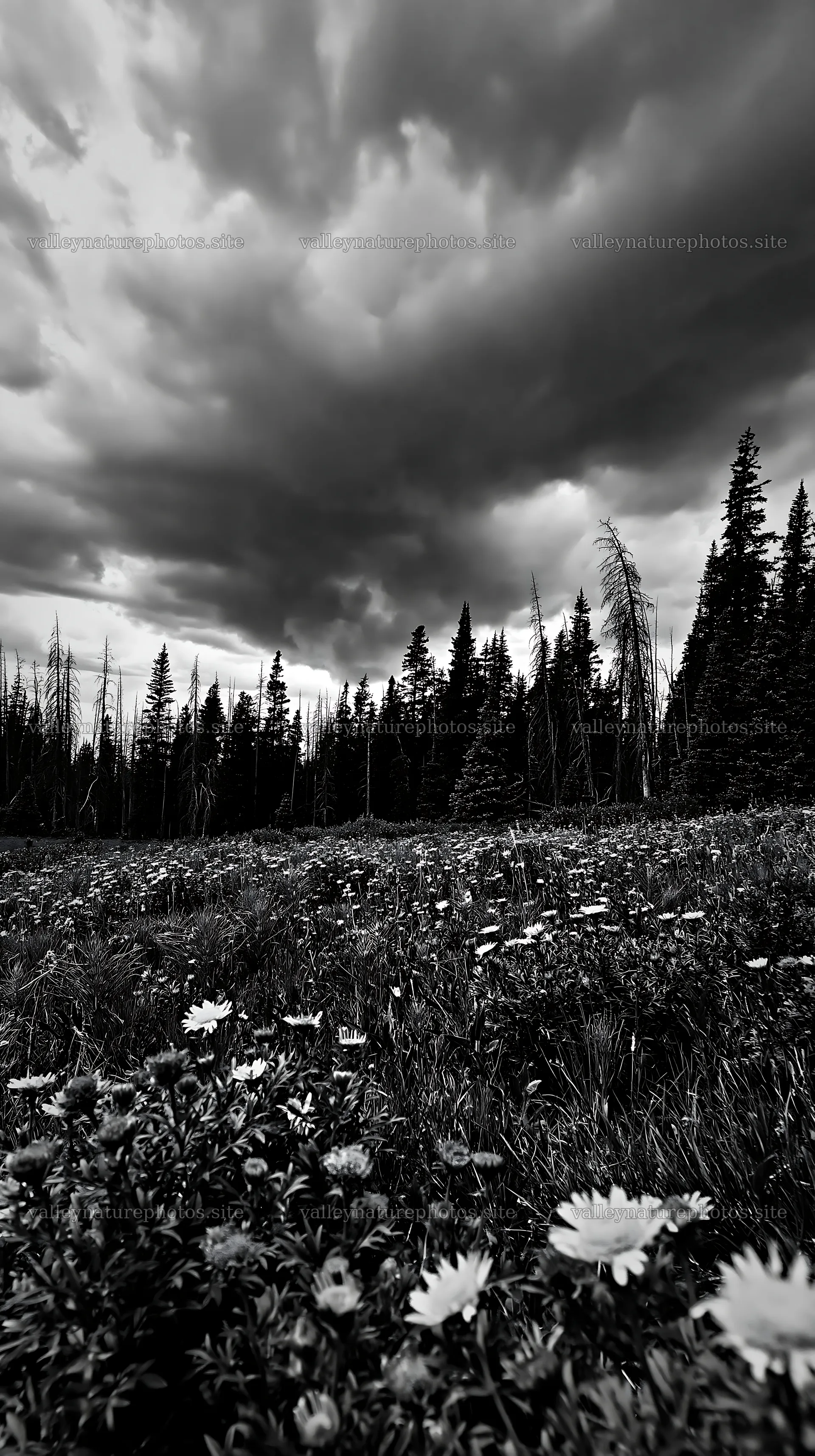 Pine forest meadow with wildflowers and dramatic sky – nature photography 5938x10608