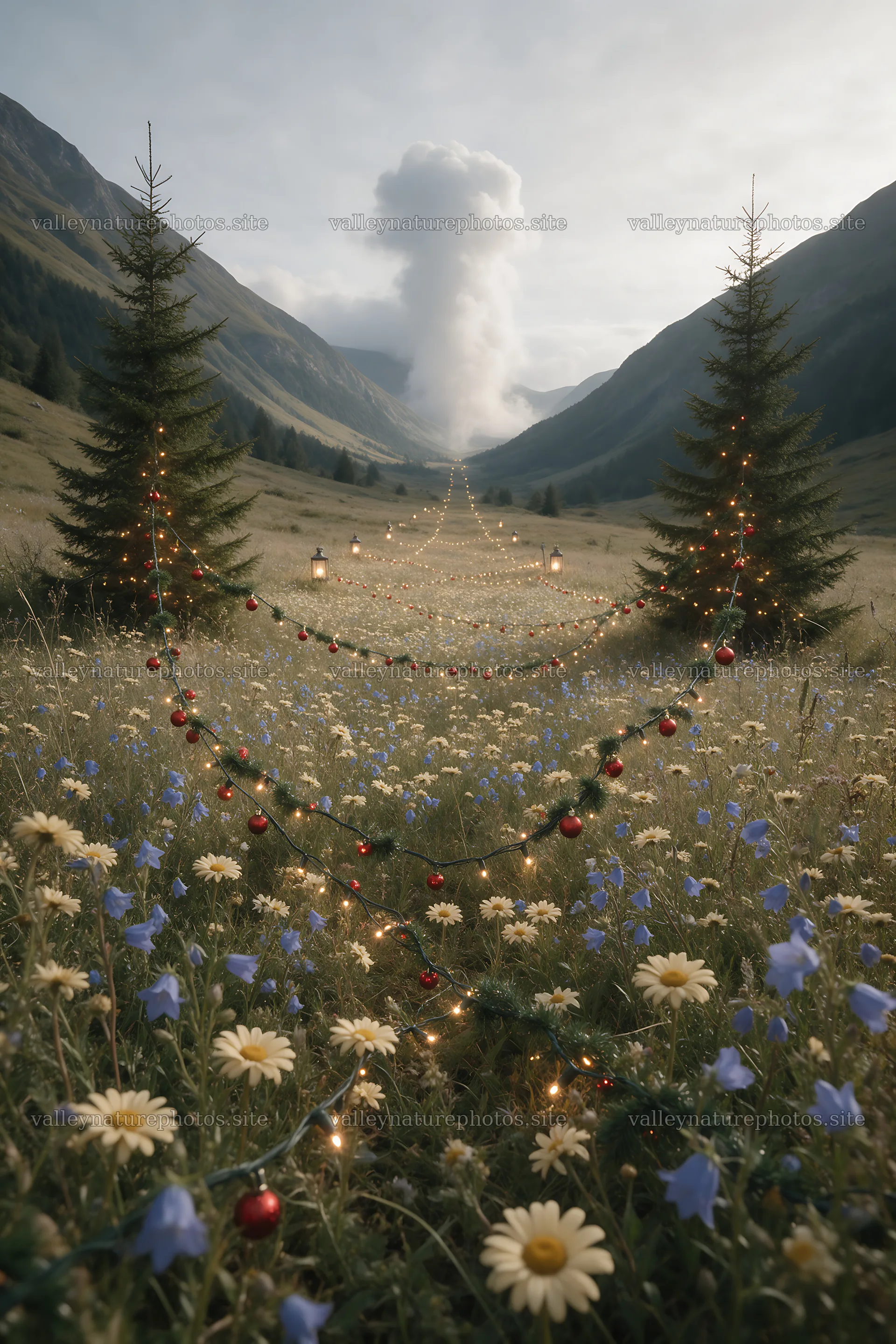 Christmas string lights in mountain valley meadow – nature photography 6480x9722
