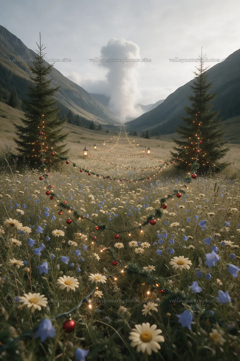Christmas string lights in mountain valley meadow – nature photography 6480x9722