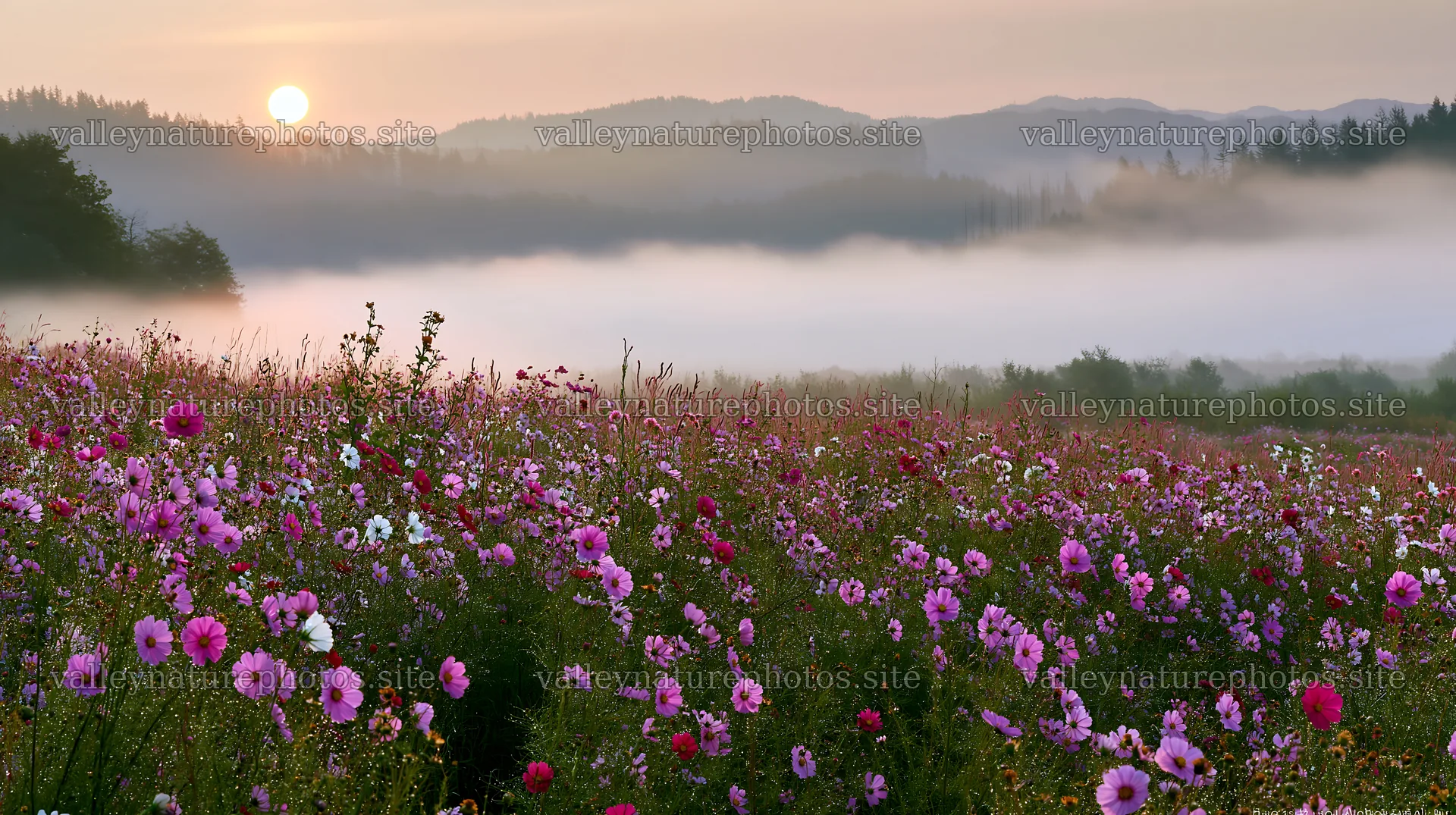 Colorful cosmos meadow at sunrise in a misty landscape – nature photography 10608x5938