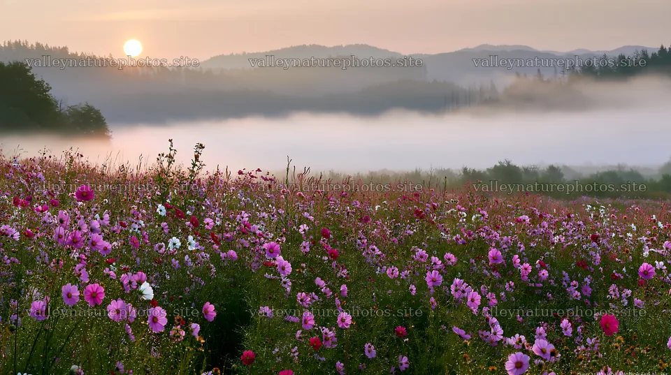 Colorful cosmos meadow at sunrise in a misty landscape – nature photography 10608x5938