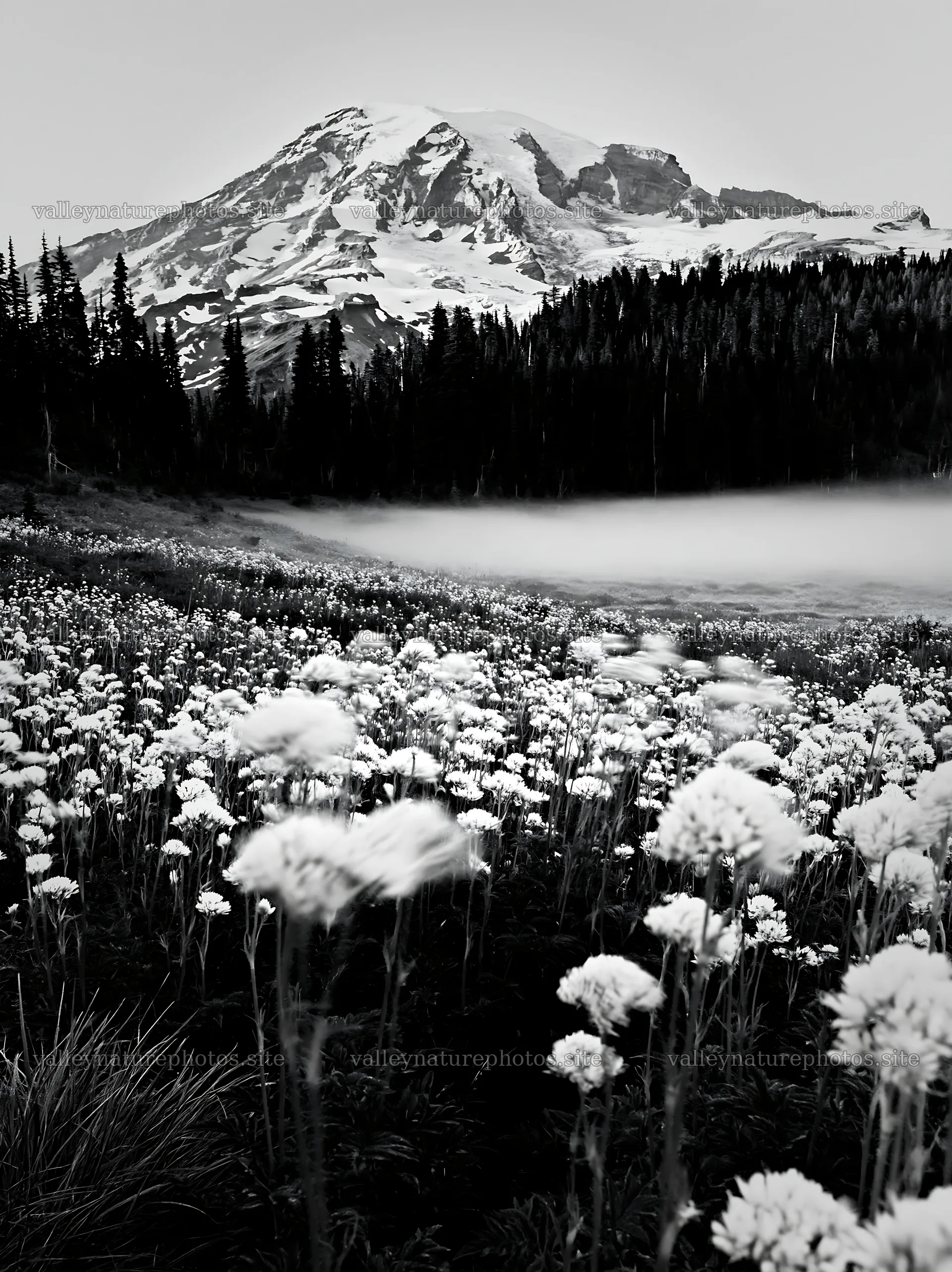 Mount Rainier wildflower meadow at sunrise with snow-capped peak – nature photography 6866x9174