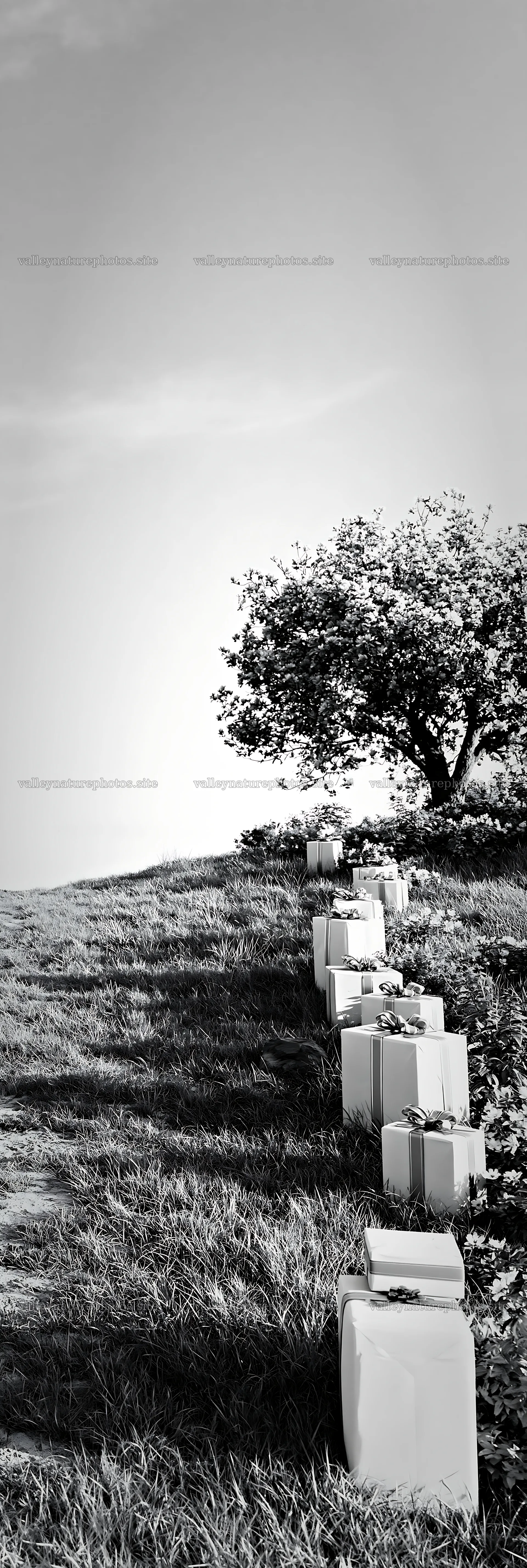 Wrapped packages along a meadow path under a tree – nature photography 4602x13690
