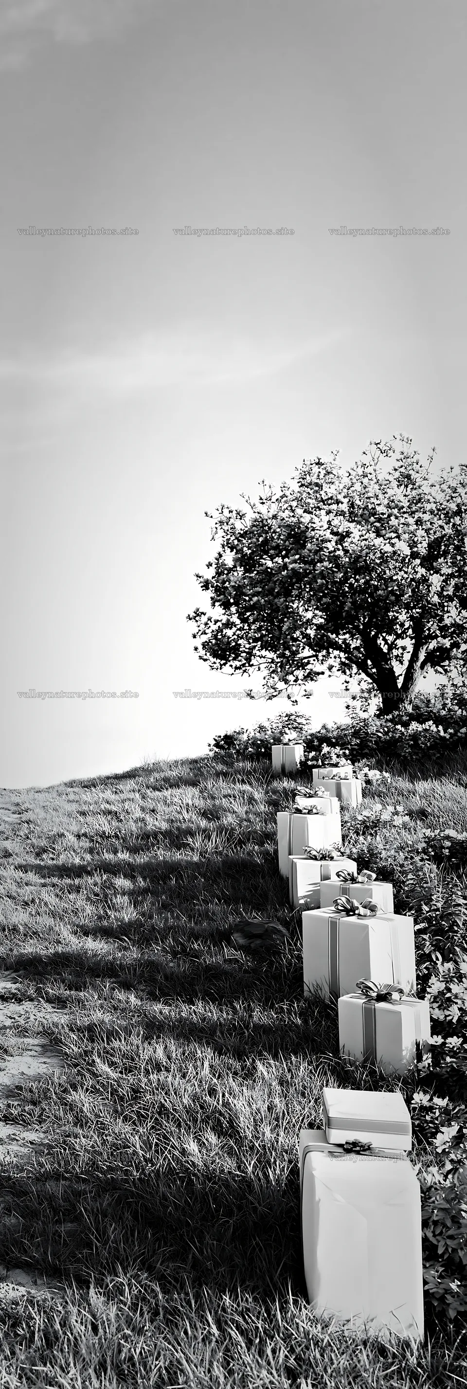 Wrapped packages along a meadow path under a tree – nature photography 4602x13690