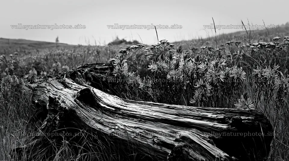 Weathered log in meadow with wildflowers under overcast sky – nature photography 10608x5938