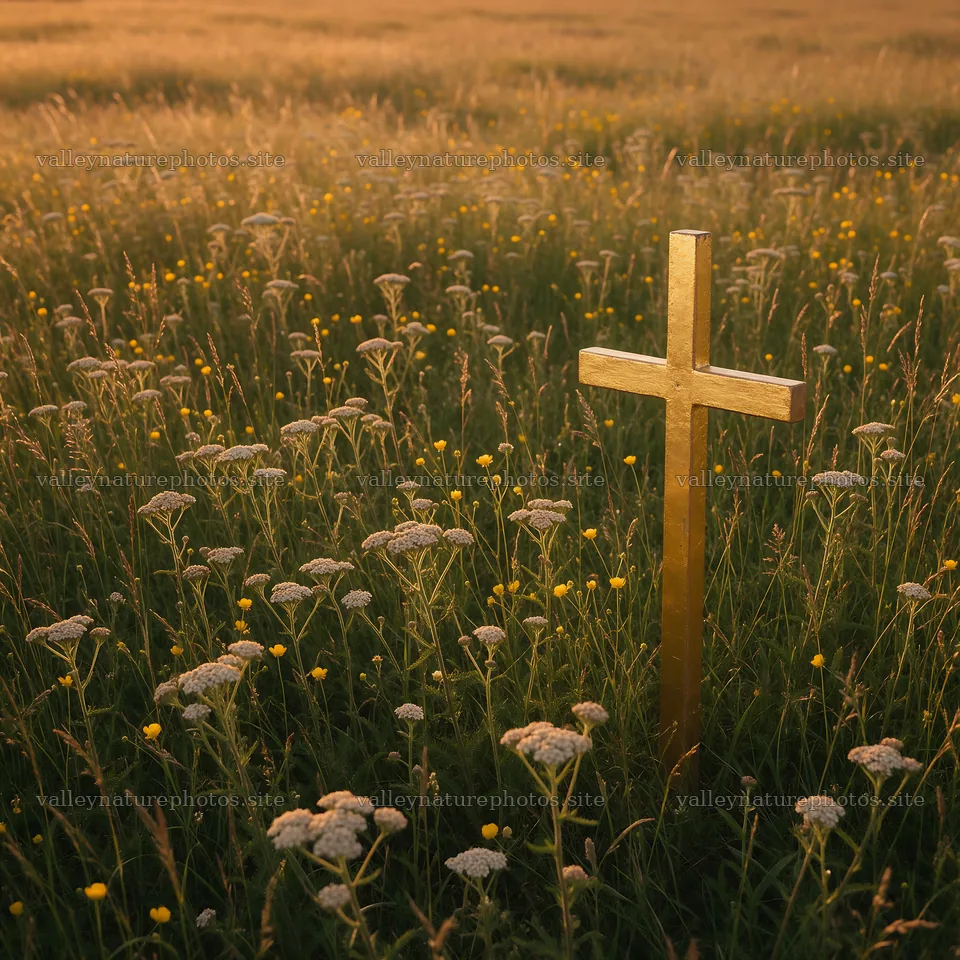 Golden Christian cross in meadow during sunset – nature photography 7938x7938